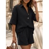 image:imageLILLUSORY Women 2 Piece Linen Short Sets 2026 Summer Vacation V Neck Short Sleeve Beach Outfits Oversized Button Cotton PjsBlack