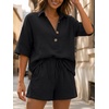 image:imageLILLUSORY Women 2 Piece Linen Short Sets 2026 Summer Vacation V Neck Short Sleeve Beach Outfits Oversized Button Cotton PjsBlack