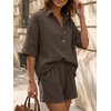image:imageLILLUSORY Women 2 Piece Linen Short Sets 2026 Summer Vacation V Neck Short Sleeve Beach Outfits Oversized Button Cotton PjsBrown