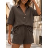 image:imageLILLUSORY Women 2 Piece Linen Short Sets 2026 Summer Vacation V Neck Short Sleeve Beach Outfits Oversized Button Cotton PjsBrown