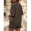image:imageLILLUSORY Women 2 Piece Linen Short Sets 2026 Summer Vacation V Neck Short Sleeve Beach Outfits Oversized Button Cotton PjsBrown