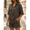 image:imageLILLUSORY Women 2 Piece Linen Short Sets 2026 Summer Vacation V Neck Short Sleeve Beach Outfits Oversized Button Cotton PjsBrown