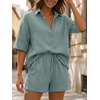 image:imageLILLUSORY Women 2 Piece Linen Short Sets 2026 Summer Vacation V Neck Short Sleeve Beach Outfits Oversized Button Cotton PjsGreen