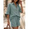 image:imageLILLUSORY Women 2 Piece Linen Short Sets 2026 Summer Vacation V Neck Short Sleeve Beach Outfits Oversized Button Cotton PjsGreen