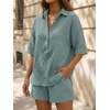 image:imageLILLUSORY Women 2 Piece Linen Short Sets 2026 Summer Vacation V Neck Short Sleeve Beach Outfits Oversized Button Cotton PjsGreen