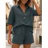 image:imageLILLUSORY Women 2 Piece Linen Short Sets 2026 Summer Vacation V Neck Short Sleeve Beach Outfits Oversized Button Cotton PjsGrey Blue