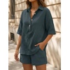 image:imageLILLUSORY Women 2 Piece Linen Short Sets 2026 Summer Vacation V Neck Short Sleeve Beach Outfits Oversized Button Cotton PjsGrey Blue