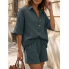 image:imageLILLUSORY Women 2 Piece Linen Short Sets 2026 Summer Vacation V Neck Short Sleeve Beach Outfits Oversized Button Cotton PjsGrey Blue