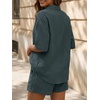 image:imageLILLUSORY Women 2 Piece Linen Short Sets 2026 Summer Vacation V Neck Short Sleeve Beach Outfits Oversized Button Cotton PjsGrey Blue