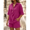 image:imageLILLUSORY Women 2 Piece Linen Short Sets 2026 Summer Vacation V Neck Short Sleeve Beach Outfits Oversized Button Cotton PjsHot Pink