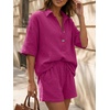 image:imageLILLUSORY Women 2 Piece Linen Short Sets 2026 Summer Vacation V Neck Short Sleeve Beach Outfits Oversized Button Cotton PjsHot Pink