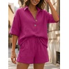 image:imageLILLUSORY Women 2 Piece Linen Short Sets 2026 Summer Vacation V Neck Short Sleeve Beach Outfits Oversized Button Cotton PjsHot Pink