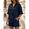 image:imageLILLUSORY Women 2 Piece Linen Short Sets 2026 Summer Vacation V Neck Short Sleeve Beach Outfits Oversized Button Cotton PjsNavy Blue