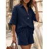 image:imageLILLUSORY Women 2 Piece Linen Short Sets 2026 Summer Vacation V Neck Short Sleeve Beach Outfits Oversized Button Cotton PjsNavy Blue