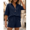 image:imageLILLUSORY Women 2 Piece Linen Short Sets 2026 Summer Vacation V Neck Short Sleeve Beach Outfits Oversized Button Cotton PjsNavy Blue