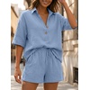 image:imageLILLUSORY Women 2 Piece Linen Short Sets 2026 Summer Vacation V Neck Short Sleeve Beach Outfits Oversized Button Cotton PjsSky Blue