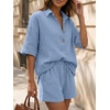 image:imageLILLUSORY Women 2 Piece Linen Short Sets 2026 Summer Vacation V Neck Short Sleeve Beach Outfits Oversized Button Cotton PjsSky Blue