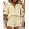 image:imageLILLUSORY Women 2 Piece Linen Short Sets 2026 Summer Vacation V Neck Short Sleeve Beach Outfits Oversized Button Cotton PjsYellow