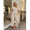 image:imageLILLUSORY Womens 2 Piece Lounge Travel Outfit Soft Breathable Lyocell Henley T Shirt and Wide Leg Pant SetsBeige