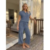 image:imageLILLUSORY Womens 2 Piece Lounge Travel Outfit Soft Breathable Lyocell Henley T Shirt and Wide Leg Pant SetsBlue