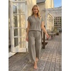 image:imageLILLUSORY Womens 2 Piece Lounge Travel Outfit Soft Breathable Lyocell Henley T Shirt and Wide Leg Pant SetsCoffee
