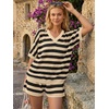 image:imageLILLUSORY Womens Crochet Striped Short Sets Two Piece Mesh Knit Beach Cover Ups V Neck Summer Vacation Outfits Lounge PajamasBeige Black Stripe