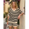 image:imageLILLUSORY Womens Crochet Striped Short Sets Two Piece Mesh Knit Beach Cover Ups V Neck Summer Vacation Outfits Lounge PajamasBeige Black Stripe
