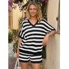 image:imageLILLUSORY Womens Crochet Striped Short Sets Two Piece Mesh Knit Beach Cover Ups V Neck Summer Vacation Outfits Lounge PajamasBlack White Stripe