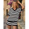 image:imageLILLUSORY Womens Crochet Striped Short Sets Two Piece Mesh Knit Beach Cover Ups V Neck Summer Vacation Outfits Lounge PajamasBlack White Stripe