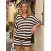 image:imageLILLUSORY Womens Crochet Striped Short Sets Two Piece Mesh Knit Beach Cover Ups V Neck Summer Vacation Outfits Lounge PajamasCoffee White Stripe
