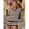 image:imageLILLUSORY Womens Crochet Striped Short Sets Two Piece Mesh Knit Beach Cover Ups V Neck Summer Vacation Outfits Lounge PajamasCoffee White Stripe