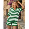 image:imageLILLUSORY Womens Crochet Striped Short Sets Two Piece Mesh Knit Beach Cover Ups V Neck Summer Vacation Outfits Lounge PajamasGreen White Stripe