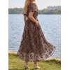 image:imageLILLUSORY Womens Summer Floral Maxi Dress Short Sleeve V Neck Wedding Guest Long Dresses with PocketsBrown