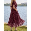 image:imageLILLUSORY Womens Summer Floral Maxi Dress Short Sleeve V Neck Wedding Guest Long Dresses with PocketsBurgundy
