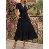 image:imageLILLUSORY Womens Summer Midi Dress Short Sleeve V Neck Hollow Out Eyelet A Line Long Flowy Vacation Dresses with PocketsBlack