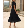image:imageLILLUSORY Womens Summer Midi Dress Short Sleeve V Neck Hollow Out Eyelet A Line Long Flowy Vacation Dresses with PocketsBlack