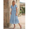 image:imageLILLUSORY Womens Summer Midi Dress Short Sleeve V Neck Hollow Out Eyelet A Line Long Flowy Vacation Dresses with PocketsLight Blue
