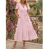 image:imageLILLUSORY Womens Summer Midi Dress Short Sleeve V Neck Hollow Out Eyelet A Line Long Flowy Vacation Dresses with PocketsPink