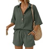 image:imageLILLUSORY Women 2 Piece Linen Short Sets 2026 Summer Vacation V Neck Short Sleeve Beach Outfits Oversized Button Cotton PjsArmy Green