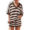 image:imageLILLUSORY Womens Crochet Striped Short Sets Two Piece Mesh Knit Beach Cover Ups V Neck Summer Vacation Outfits Lounge PajamasCoffee White Stripe