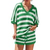 image:imageLILLUSORY Womens Crochet Striped Short Sets Two Piece Mesh Knit Beach Cover Ups V Neck Summer Vacation Outfits Lounge PajamasGreen White Stripe