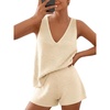 image:imageLILLUSORY Womens Summer 2 Piece Vacation Short Sets Matching V Neck Cute Beach Outfits 2026 Lounge Coastal Set Knit PajamasApricot