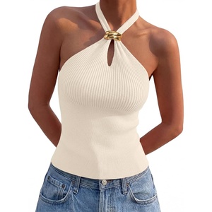 image:imageLILLUSORY Halter Tops for Women Going Out Cute Racerback Summer Trendy Outfits Date Night Cropped Knit Vacation ClothesApricot