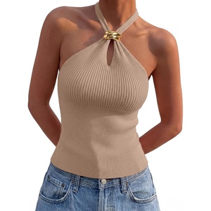 image:imageLILLUSORY Halter Tops for Women Going Out Cute Racerback Summer Trendy Outfits Date Night Cropped Knit Vacation ClothesCamel