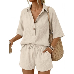 image:imageLILLUSORY Women 2 Piece Linen Short Sets 2026 Summer Vacation V Neck Short Sleeve Beach Outfits Oversized Button Cotton PjsBeige