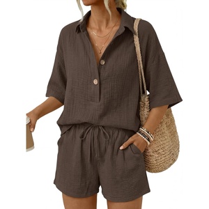 image:imageLILLUSORY Women 2 Piece Linen Short Sets 2026 Summer Vacation V Neck Short Sleeve Beach Outfits Oversized Button Cotton PjsBrown