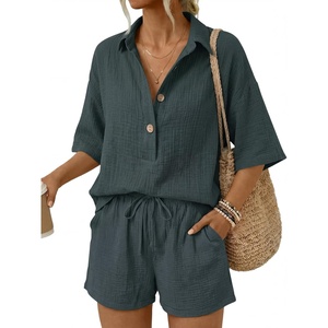 image:imageLILLUSORY Women 2 Piece Linen Short Sets 2026 Summer Vacation V Neck Short Sleeve Beach Outfits Oversized Button Cotton PjsGrey Blue