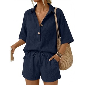 image:imageLILLUSORY Women 2 Piece Linen Short Sets 2026 Summer Vacation V Neck Short Sleeve Beach Outfits Oversized Button Cotton PjsNavy Blue