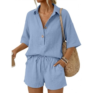 image:imageLILLUSORY Women 2 Piece Linen Short Sets 2026 Summer Vacation V Neck Short Sleeve Beach Outfits Oversized Button Cotton PjsSky Blue
