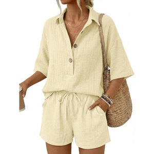image:imageLILLUSORY Women 2 Piece Linen Short Sets 2026 Summer Vacation V Neck Short Sleeve Beach Outfits Oversized Button Cotton PjsYellow